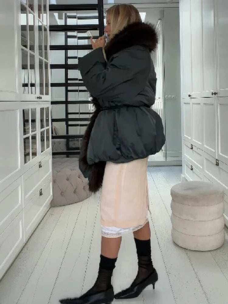 Winter Chic Faux Fur Collar Cotton Coat Women's Elegant Belted Waist Tie Oversized Warm Jacket Lady Daily Trendy Outerwear New