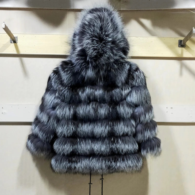 Women's winter warm real fox fur coat, wearing a hat, real fur coat, natural new fox jacket