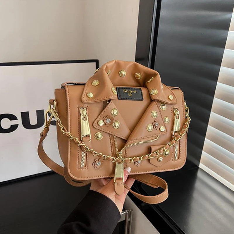 Jacket Collar Shaped Crossbody Shoulder Bag,Women Metal Flower Studded Handbag ,Niche Designer Streetwear Fashion Rivet Tote Bag