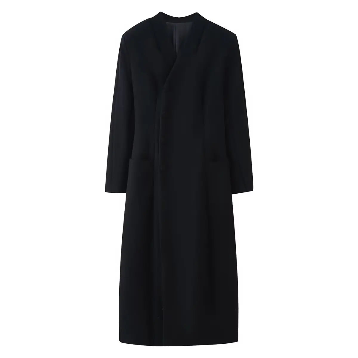 HH Winter Woman Fashion Stand Collar Single Row Of Side Buttons Tighten The Waist Shoulder Pads Commuting Casual Long Overcoat