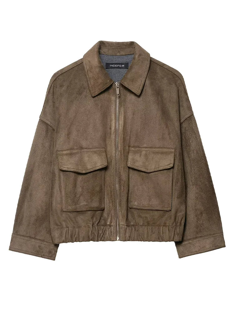 HH Woman Winter Elegant Turn-down Collar Solid Jacket Women Long Sleeve Pocket Decorate Zipper Casual Suede Texture Loose Coat