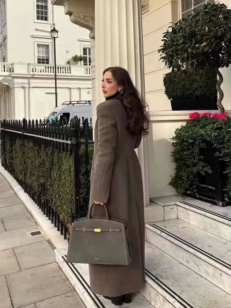 HH Winter Woman Fashion Stand Collar Single Row Of Side Buttons Tighten The Waist Shoulder Pads Commuting Casual Long Overcoat