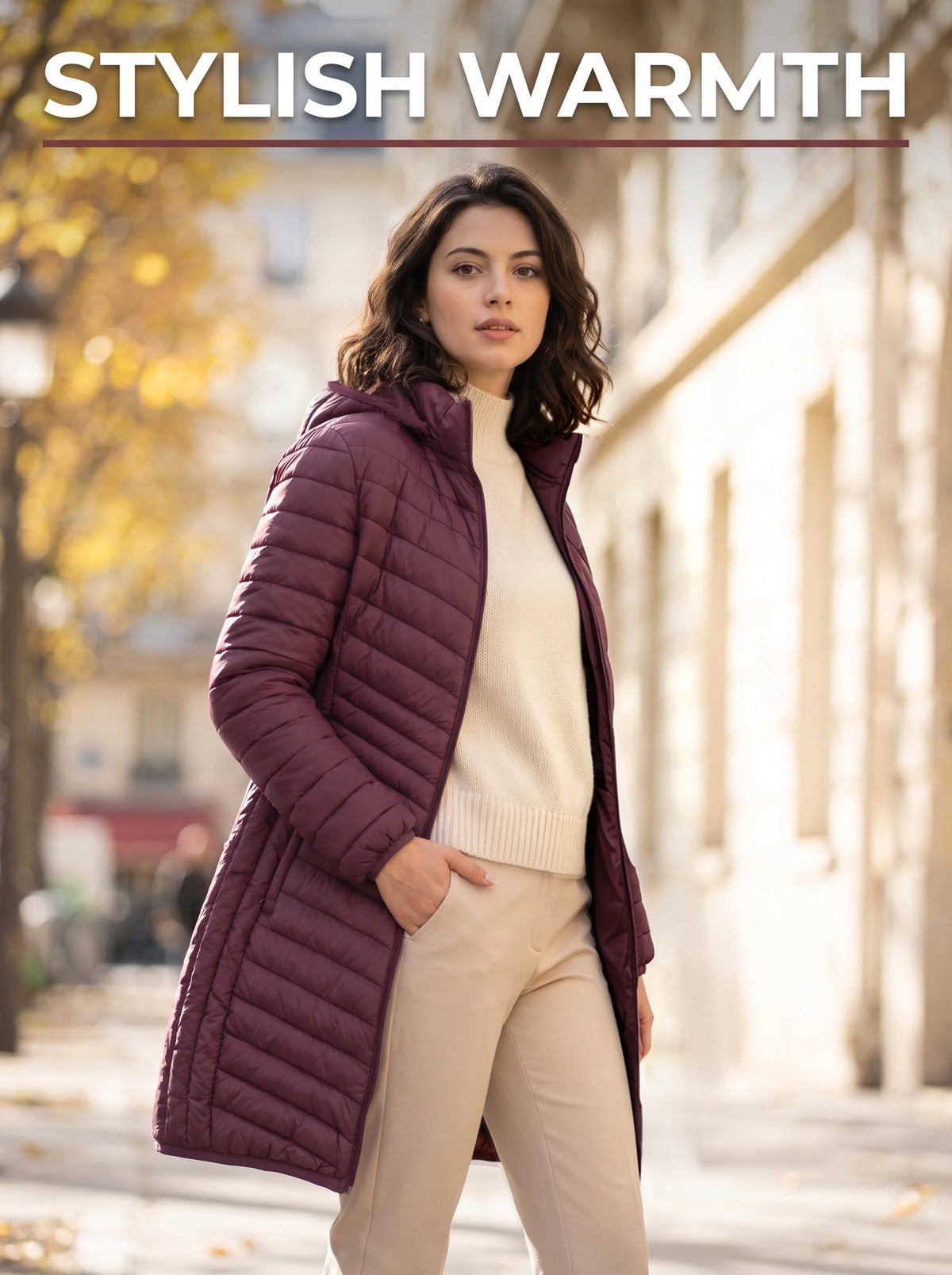 Women's winter ultra light padded cotton jacket with detachable hood, solid color jacket, lightweight mid length parka