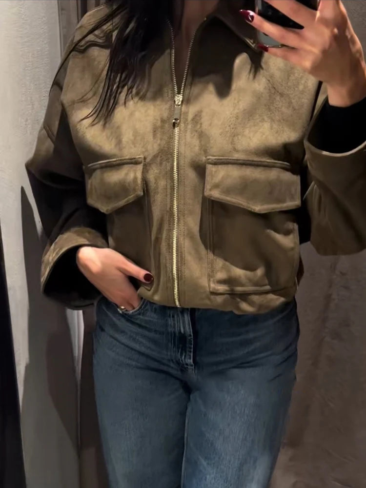 HH Woman Winter Elegant Turn-down Collar Solid Jacket Women Long Sleeve Pocket Decorate Zipper Casual Suede Texture Loose Coat