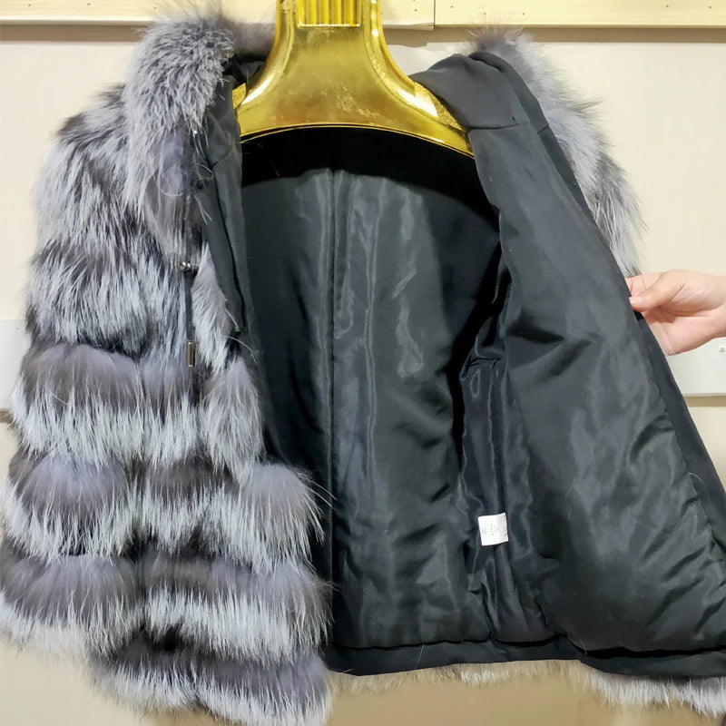 Women's winter warm real fox fur coat, wearing a hat, real fur coat, natural new fox jacket