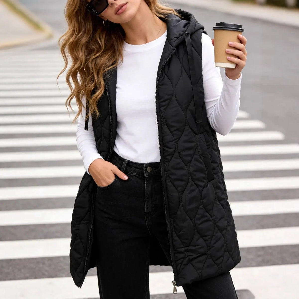 Winter Women Long Hooded Cotton Padded Vest Mid-Length Sleeveless Warm Zip Waistcoat Casual Loose Gilet Winter Coat Female