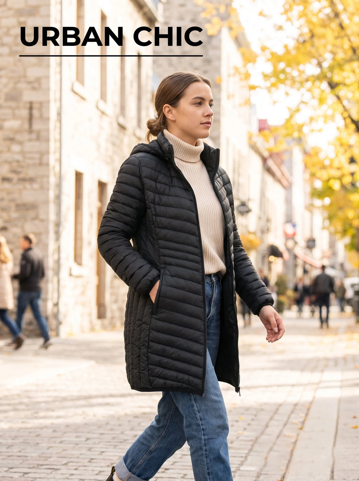 Women's winter ultra light padded cotton jacket with detachable hood, solid color jacket, lightweight mid length parka