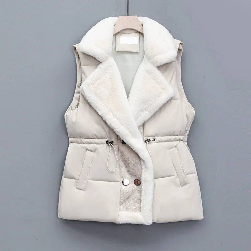 Autumn Winter Elegant Fur Integrated Down Cotton Vest Jacket Women's Fashion Suit Collar Waistcoat Female Short Jackets Clothing