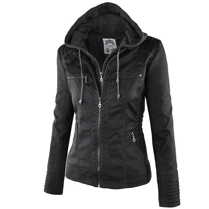 2025 Fashion Winter Faux Leather Jacket Women's Basic Jackets Hooded Black Slim Motorcycle Jacket Women Coats Female Jaqueta