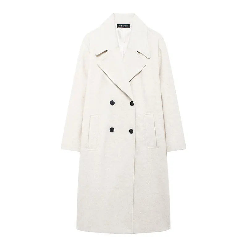 Winter Coat For Women 2024 Solid Lapel Double Breasted Long Cardigan Top Female Pokcet Streetwear Woman New In OuterCoat