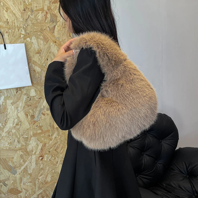 Winter Shoulder Bags Casual Furry for Women Solid Color Soft Plush Ladies Clutch Purse Handbags Lightweight Female Hobos Bag