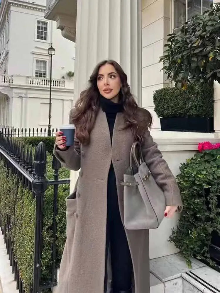 HH Winter Woman Fashion Stand Collar Single Row Of Side Buttons Tighten The Waist Shoulder Pads Commuting Casual Long Overcoat