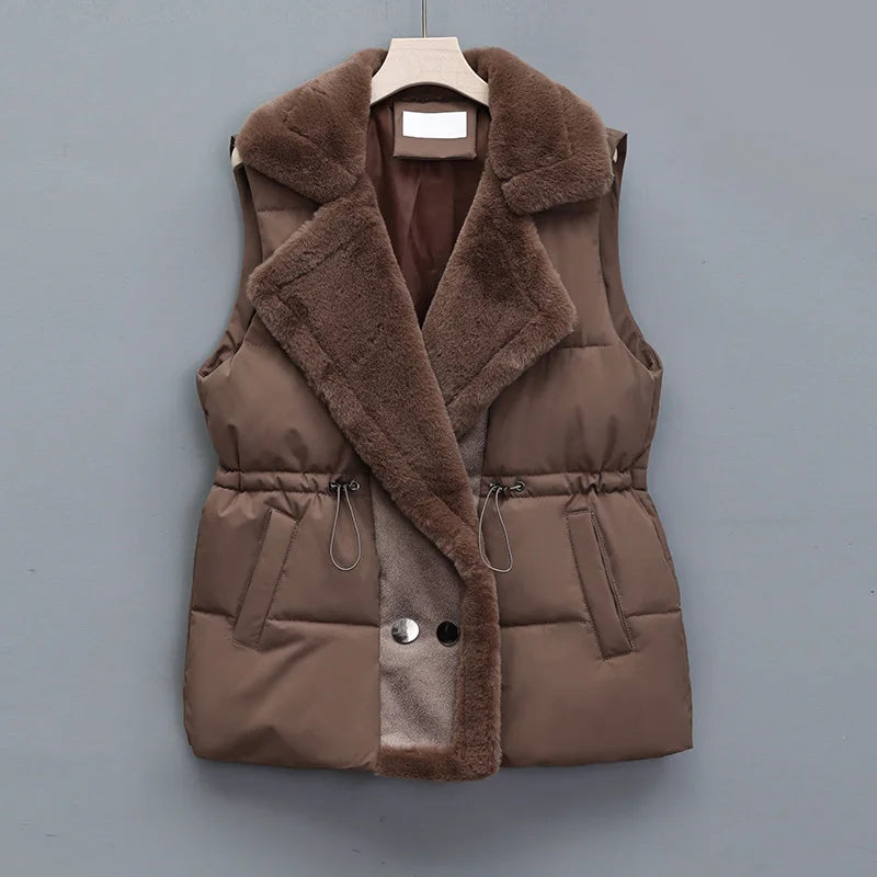 Autumn Winter Elegant Fur Integrated Down Cotton Vest Jacket Women's Fashion Suit Collar Waistcoat Female Short Jackets Clothing