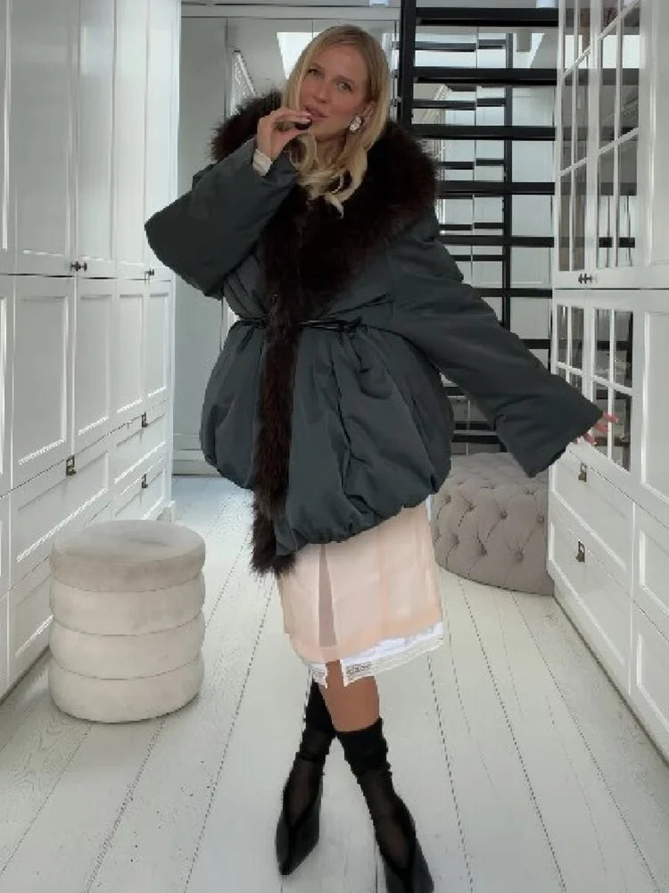 Winter Chic Faux Fur Collar Cotton Coat Women's Elegant Belted Waist Tie Oversized Warm Jacket Lady Daily Trendy Outerwear New