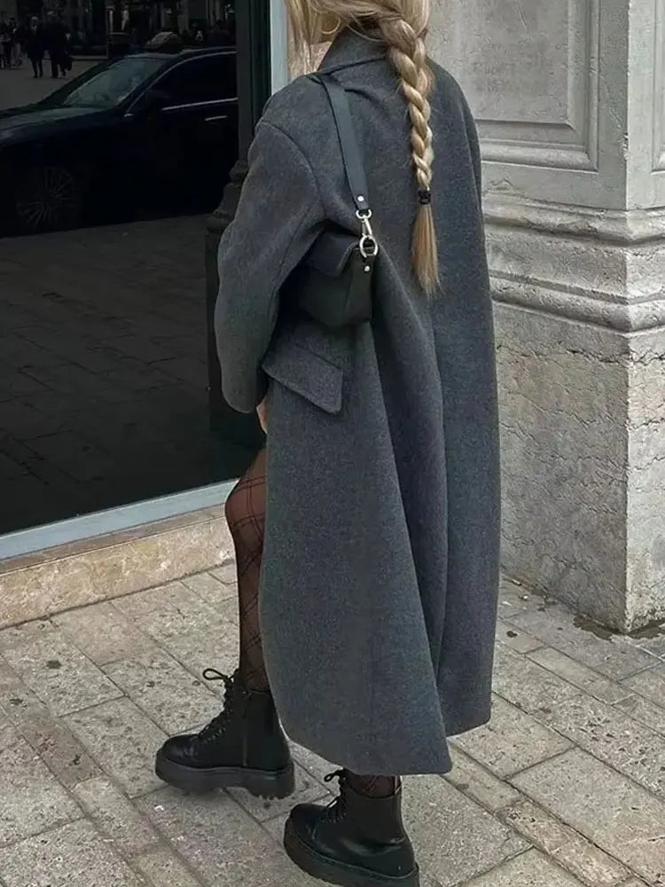 Winter Coat For Women 2024 Solid Lapel Double Breasted Long Cardigan Top Female Pokcet Streetwear Woman New In OuterCoat