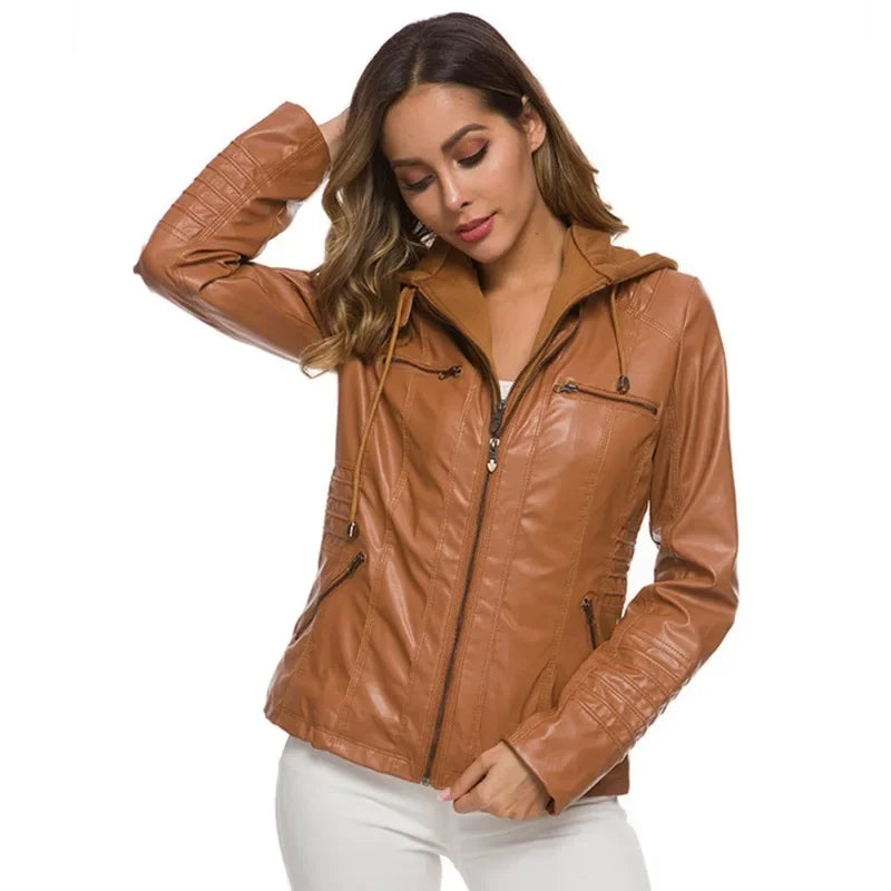 2025 Fashion Winter Faux Leather Jacket Women's Basic Jackets Hooded Black Slim Motorcycle Jacket Women Coats Female Jaqueta