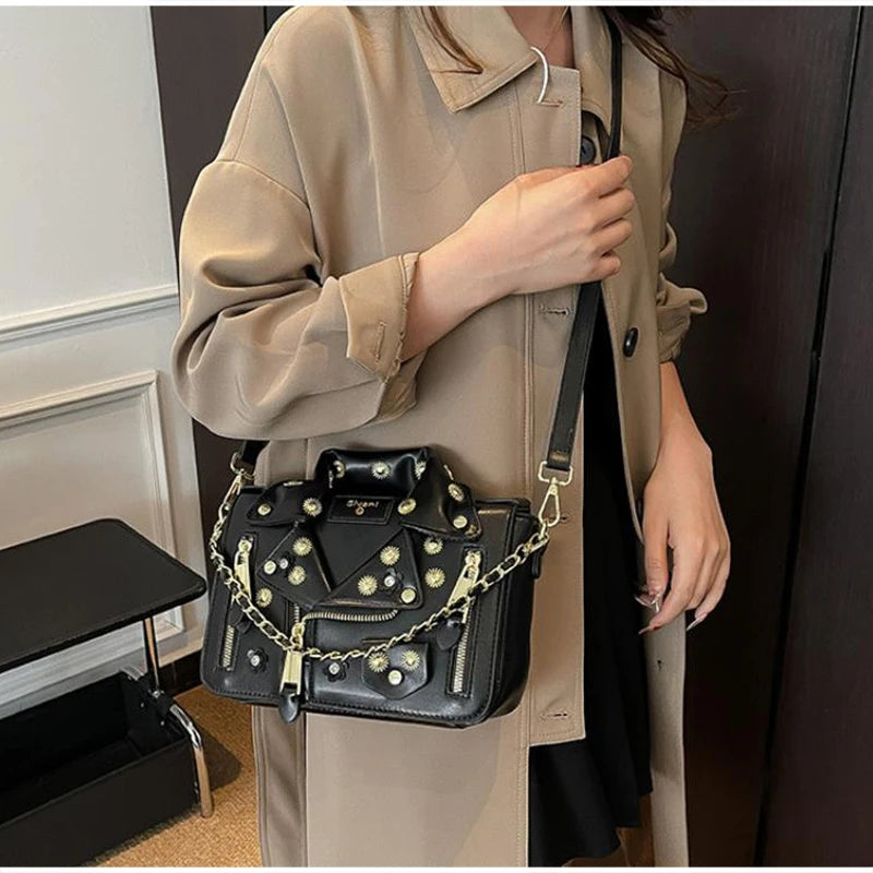 Jacket Collar Shaped Crossbody Shoulder Bag,Women Metal Flower Studded Handbag ,Niche Designer Streetwear Fashion Rivet Tote Bag