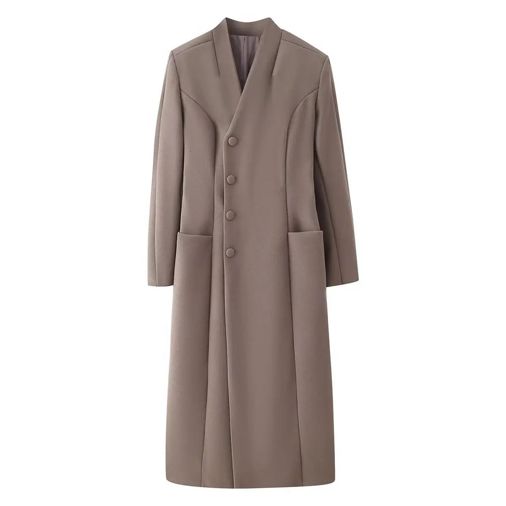 HH Winter Woman Fashion Stand Collar Single Row Of Side Buttons Tighten The Waist Shoulder Pads Commuting Casual Long Overcoat