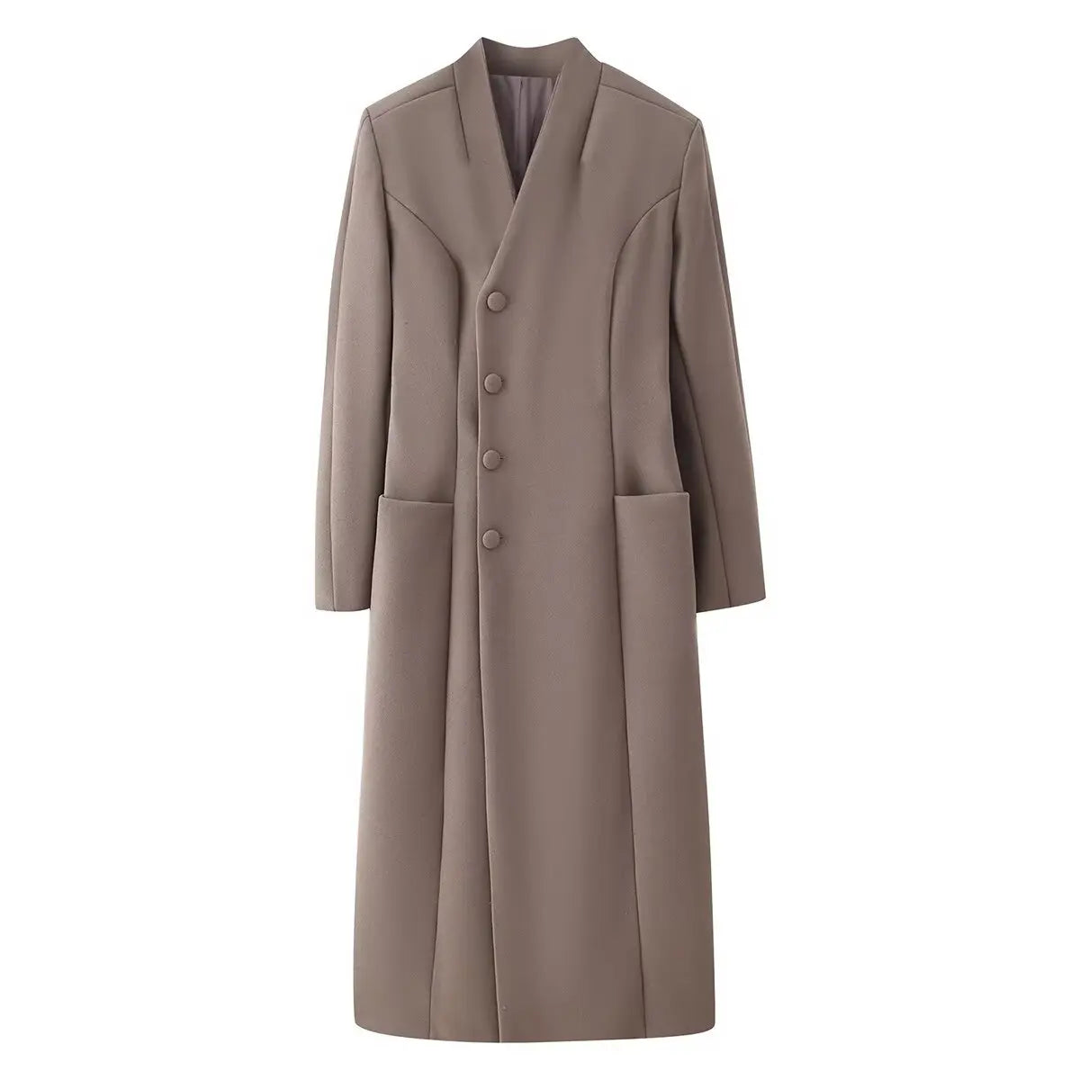 HH Winter Woman Fashion Stand Collar Single Row Of Side Buttons Tighten The Waist Shoulder Pads Commuting Casual Long Overcoat