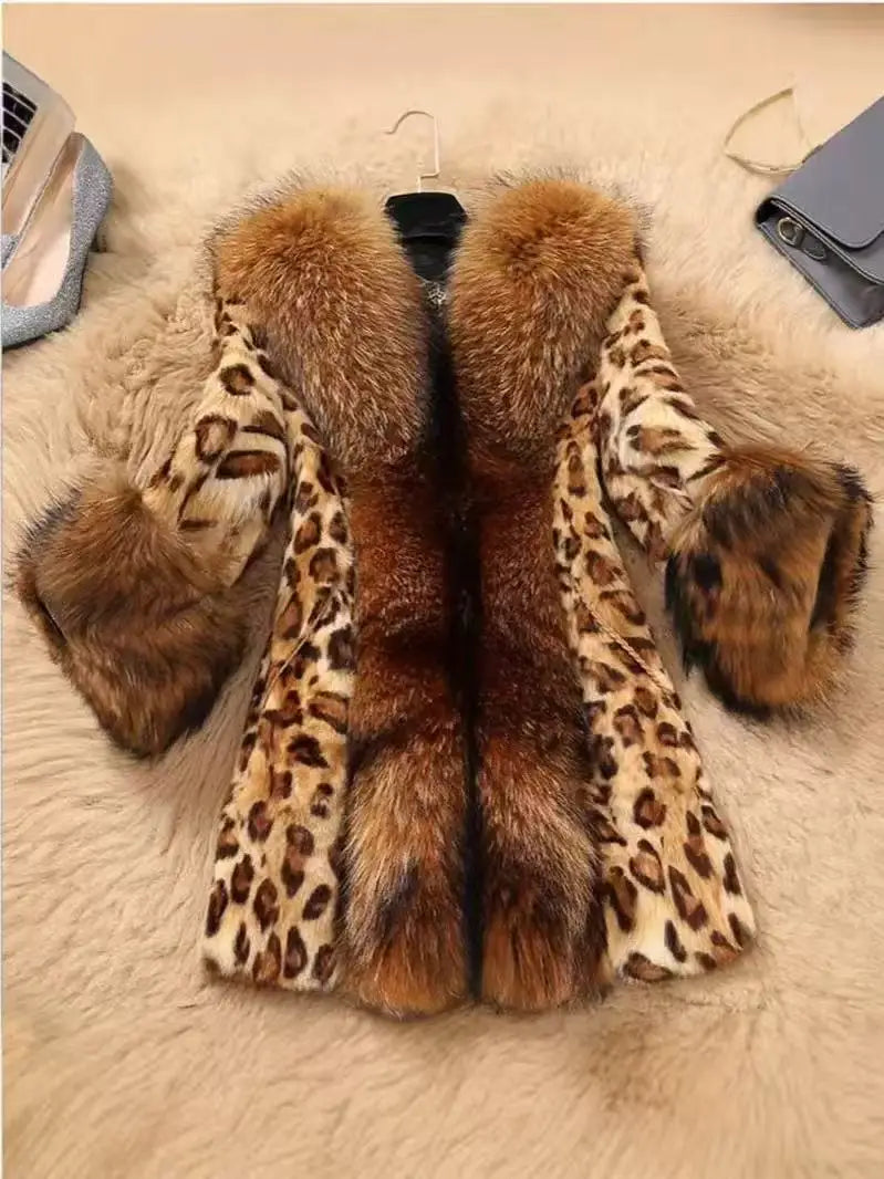 Herfst Winter Jas Vrouwen Imitatie Bont Jas Nieuwe Mode Luipaard Print Imitatie Wasbeer Bontkraag Jas Vrouwen Overjas