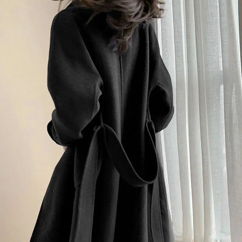 Winter Trench Coat For Women 2026 New Fashion Korean Casual Wool Coat Navy Blue Lace-up Long Jacket Black Woman Coat With Blet