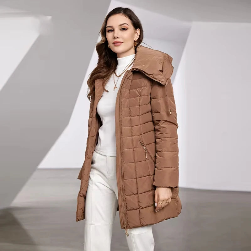 Astrid 2023 New Women's Winter Jacket Hooded Belt Long Parkas Warm Padding Puffer Plaid Quilted Coat Down Jacket Thick Snow Wear