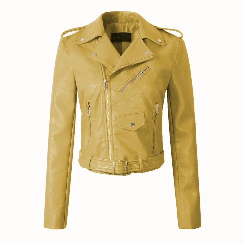 Autumn Winter Faux Leather Jacket for Women Turn-down Collar Zip-up Zipper Rivet Decor Motorcycle Jacket Coat Outerwear