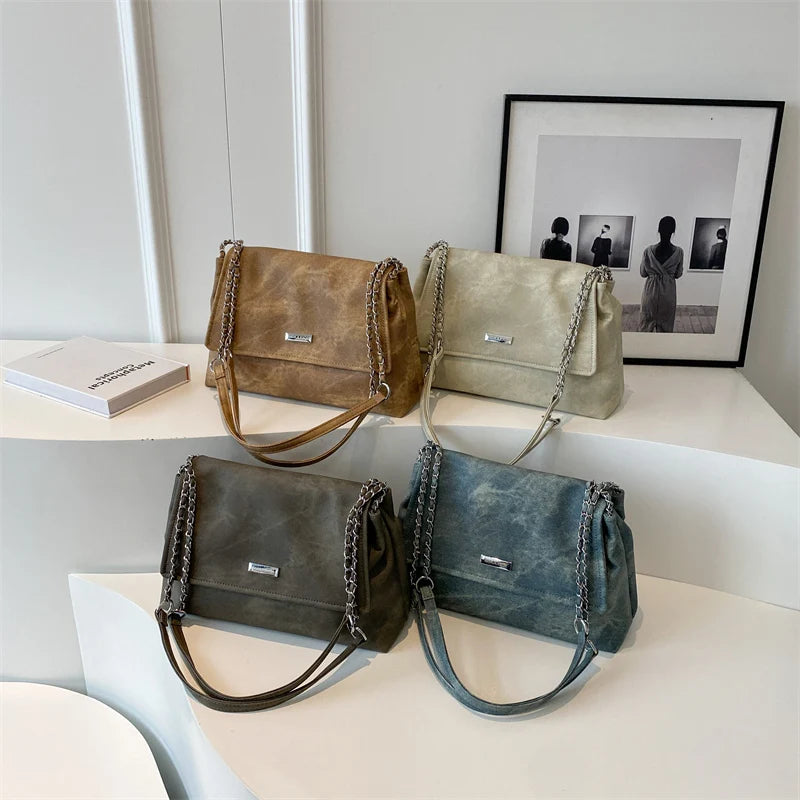 LEFTSIDE Retro Chain Leather Shoulder Bags for Women Simple Tote Bag 2025 Winter Crossbody Bag Lady Travel Vintage Handbags