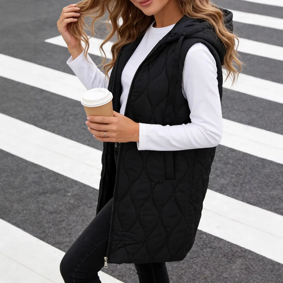 Winter Women Long Hooded Cotton Padded Vest Mid-Length Sleeveless Warm Zip Waistcoat Casual Loose Gilet Winter Coat Female