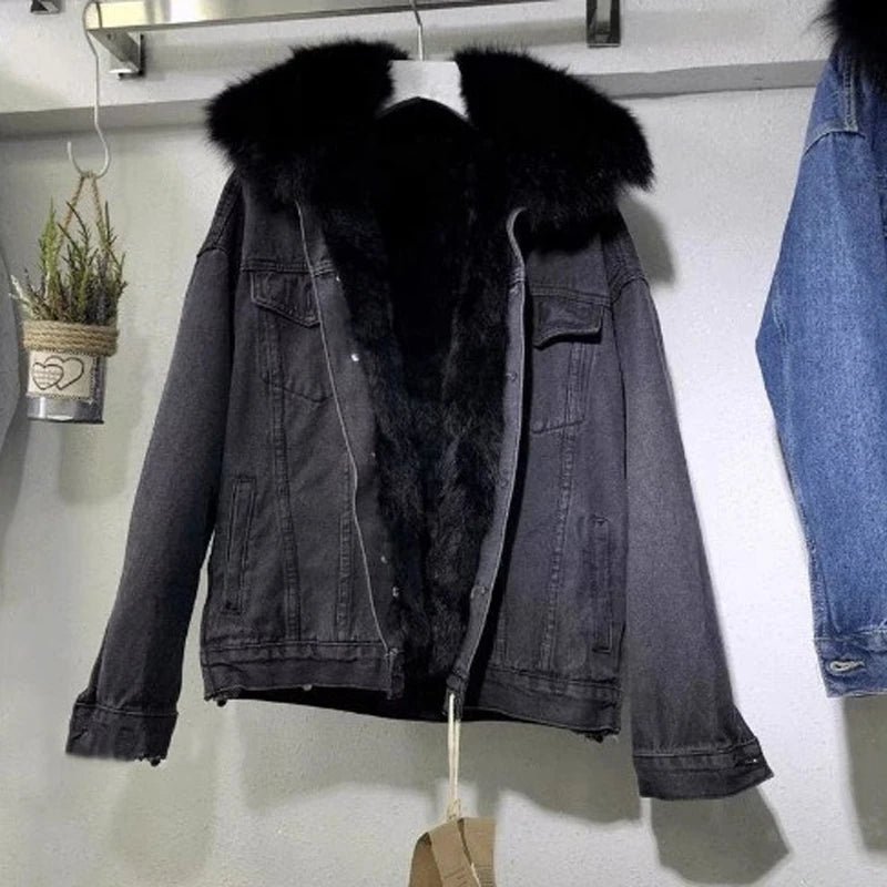 Winter Fashion Denim Jacket Hooded Coat Woman Thicken Outwear with Removable Fur Collar Clothes Warm Fleece Lined Jean Jacket