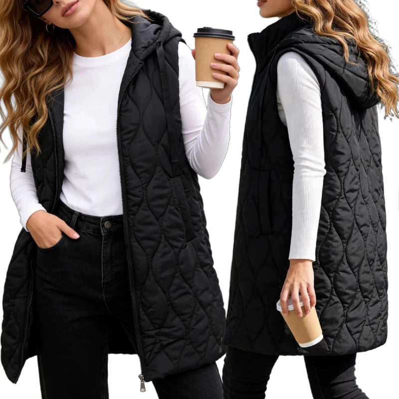 Winter Women Long Hooded Cotton Padded Vest Mid-Length Sleeveless Warm Zip Waistcoat Casual Loose Gilet Winter Coat Female